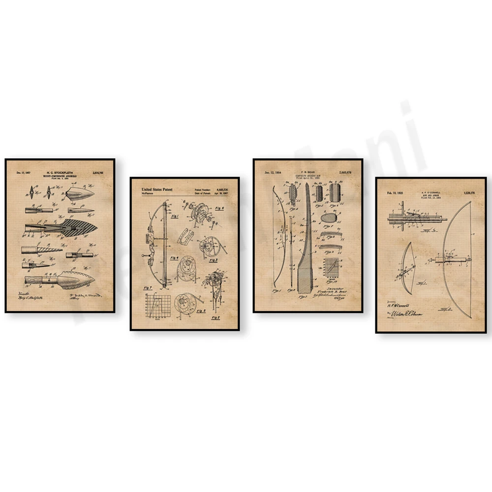 Outdoor Hunting Paintings - Cetakan paten pita dan panah antik,