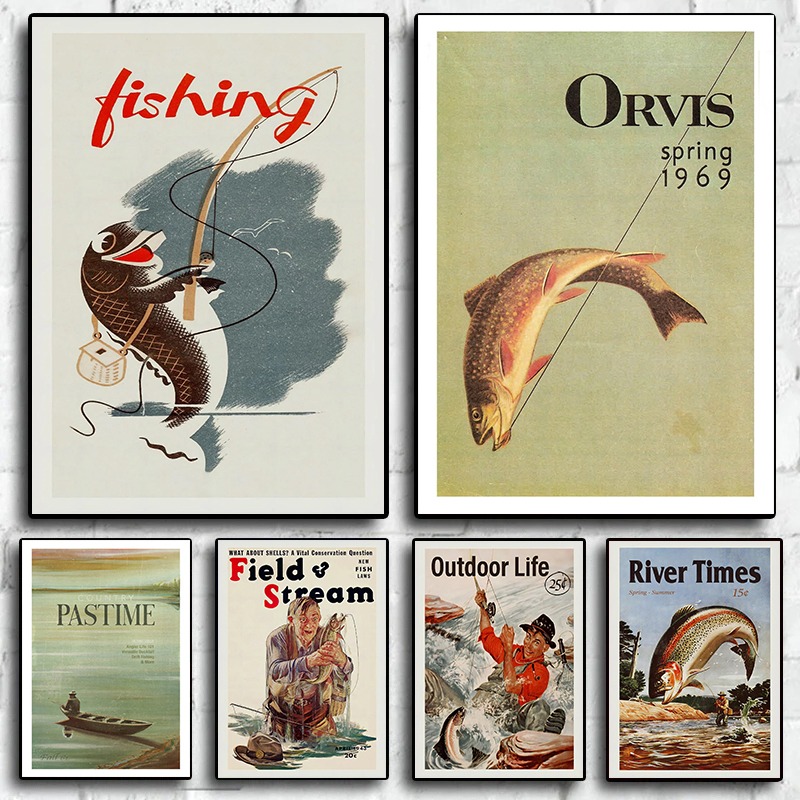 Outdoor Hunting Paintings - Vintage Fly Fishing Kanvas Cetak Retro